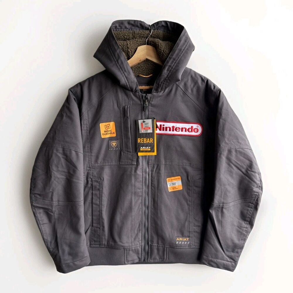 New Ariat Rebar DuraCanvas Nintendo Work Hooded Jacket Men's Medium Sherpa NWT